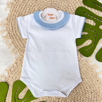 Body Branco com Gola Tricot - Azul